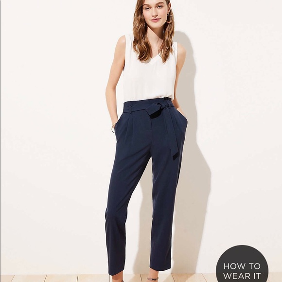 NWT LOFT Tie Waist Slim Pants, Navy - Picture 4 of 16
